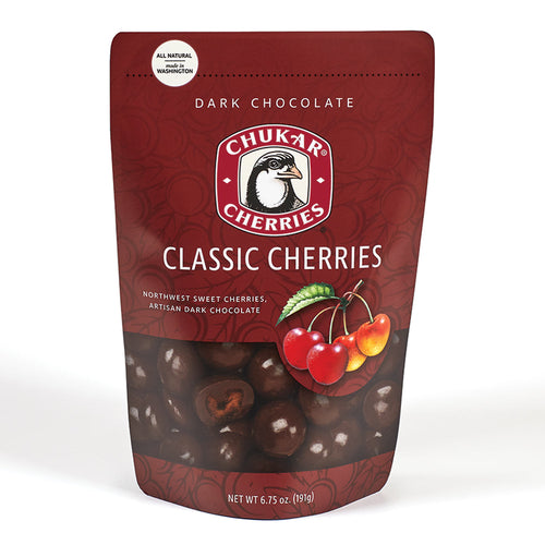 Chukar Cherries dark chocolate cherry package on a white background | Chukar Cherries Classic Dark Chocolate Cherries | Made In Washington | Locally Made Treats | Gifts From The Pacific Northwest
