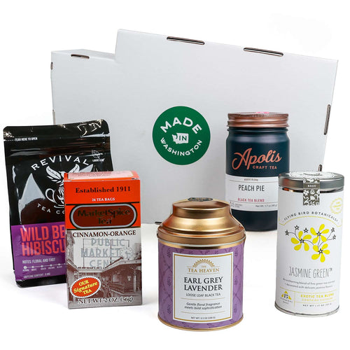 Collection of tea products including tins and boxes with a Washington Shaped Box by Made in Washington | Teas Across Washington State Gift Box | Made In Washington | PNW Gift Box | Local PNW Gift Baskets