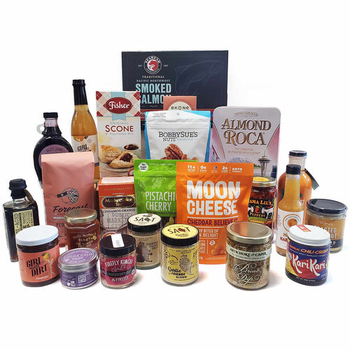 Assorted food products including snacks, sauces, and spreads on a white background | Washington State Food Explorer Box | Made In Washington | Local Foodie Gifts