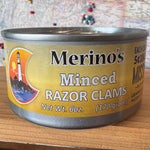 Merino's Seafood Market Tinned Minced Razor Clams | Made In Washington | Gifts From the Pacific Coast to Your Snack Board