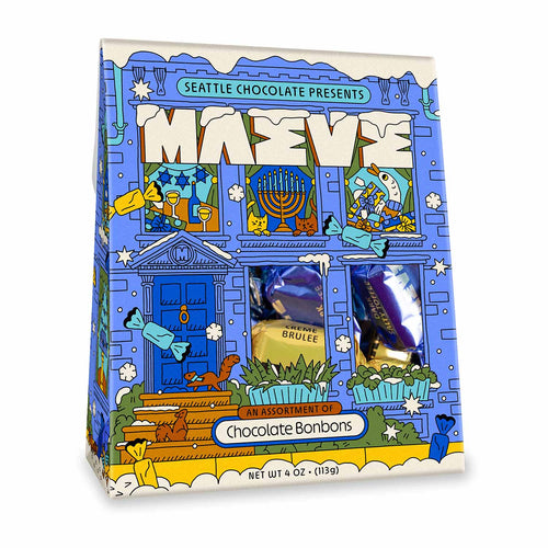 Colorful packaging of Seattle Chocolate featuring a building illustration on a white background | Seattle Chocolate | Maeve's Home For Hanukkah Chocolate Assortment | Made In Washington