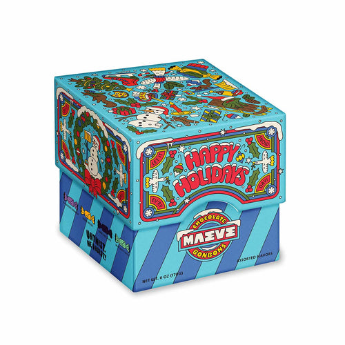 Colorful holiday-themed box of M&M's with festive designs on a white background | Maeve Chocolate Frosty Friends Bonbon Gift Boxes | Made In Washington | Seattle Chocolate Holiday Truffles