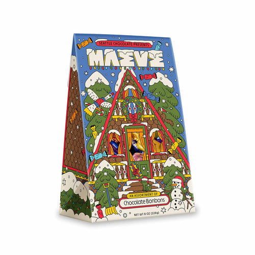 Colorful packaging of chocolate truffles with festive A-Frame cabin design on a white background | Maeve Chocolate Away in an A-Frame Bonbons | Made In Washington | Seattle Chocolate | PNW Gifts For The Holidays