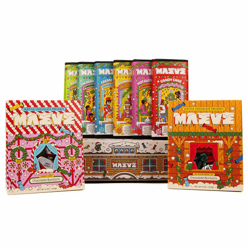 Assorted MAVE chocolate bar boxes on a white background | Seattle Chocolate | Christmas Village Chocolate Holiday Gift Basket | Made In Washington