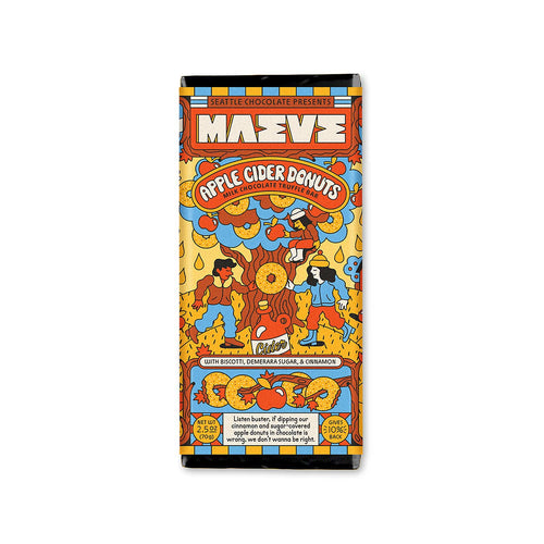 Chocolate bar packaging with colorful design featuring people and text on a white background | Maeve Apple Cider Donuts Truffle Bars | Made In Washington | Chocolate Bars