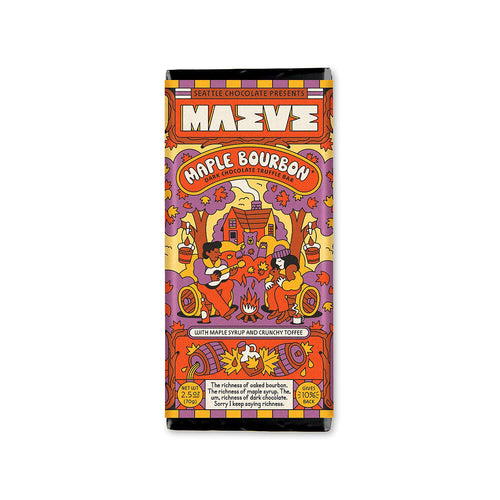 Chocolate truffle packaging with colorful design on a white background | Maeve Chocolate Maple Bourbon Truffle Bar | Made In Washington | Seattle Chocolates