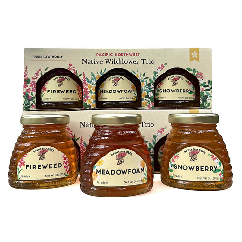 Packaging of Pacific Northwest Native Wildflower Trio with floral design | Rainy Day Bees | Made In Washington | Pure Local Honey Gift Trio