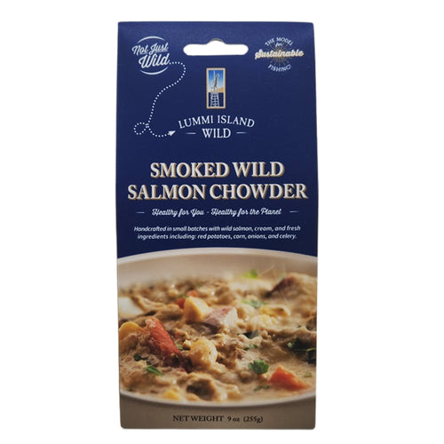Packaging of Lummi Island Wild Smoked Wild Salmon Chowder on a white background | Made In Washington | Reef net Salmon Chowder Food Gifts