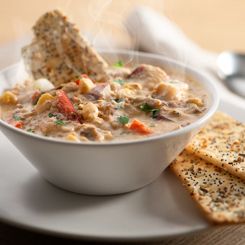 Packaging of Lummi Island Wild Smoked Wild Salmon Chowder on a white background | Made In Washington | Reef net Salmon Chowder Food Gifts