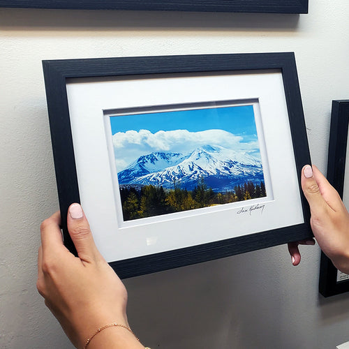 Framed photograph of a mountain landscape with trees and blue sky. | Jax Kaufman Photography | Made In Washington | Wall Art Gifts