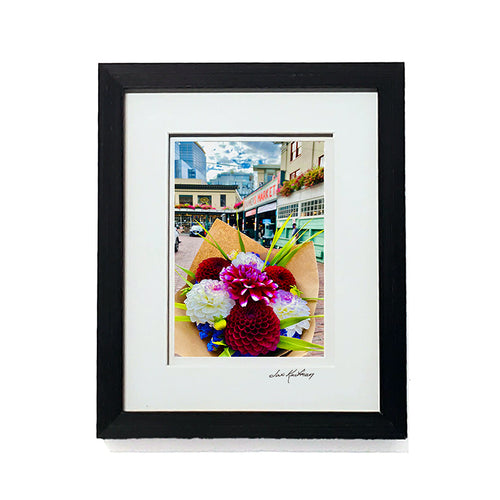 Framed photograph of a street scene with a bouquet of flowers in the foreground | Jax Kaufman Photography | Made In Washington | Wall Art Gifts
