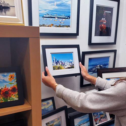 Framed photograph of a Seattle skyline with Mount Rainier in the background | Jax Kaufman Photography | Made In Washington | Wall Art Gifts