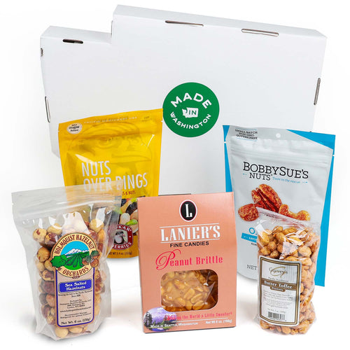 Assorted packaged snacks and candies with visible brand labels on a white background | Nuts About Washington State | Made In Washington | Local Gift Baskets