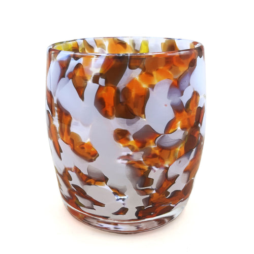 Glass votive with tortoiseshell pattern on a white background | PNW Glass Colin Satterfield Harvest Moon Votive | Made In Washington | Local Gifts