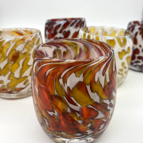 Glass votive with tortoiseshell pattern on a white background | PNW Glass Colin Satterfield Harvest Moon Votive | Made In Washington | Local Gifts