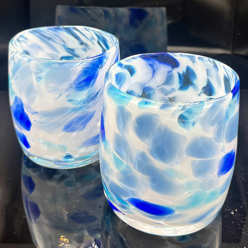 Blue glass votive with swirling pattern on a white background | PNW Glass Colin Satterfield Snow Day Votive | Made In Washington | Local Gifts