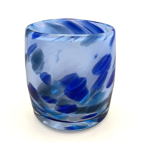Blue glass votive with swirling pattern on a white background | PNW Glass Colin Satterfield Snow Day Votive | Made In Washington | Local Gifts