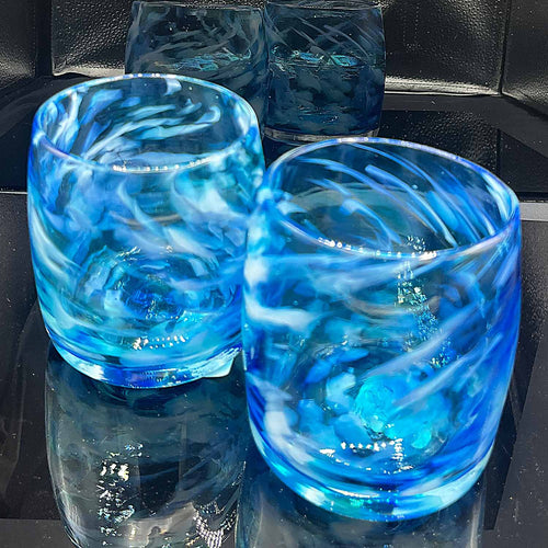 Blue swirled blown glass votive on a white background | PNW Glass Colin Satterfield Icicle Votive | Made In Washington | Local Gifts