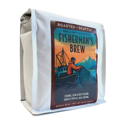 Coffee bag labeled 'Fisherman's Brew' with a scenic design on a white background | Roasted In Seattle Fisherman's Brew | Made In Washington | Low Acidity Coffees