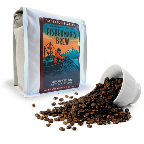 Coffee bag labeled 'Fisherman's Brew' with a scenic design on a white background | Roasted In Seattle Fisherman's Brew | Made In Washington | Low Acidity Coffees