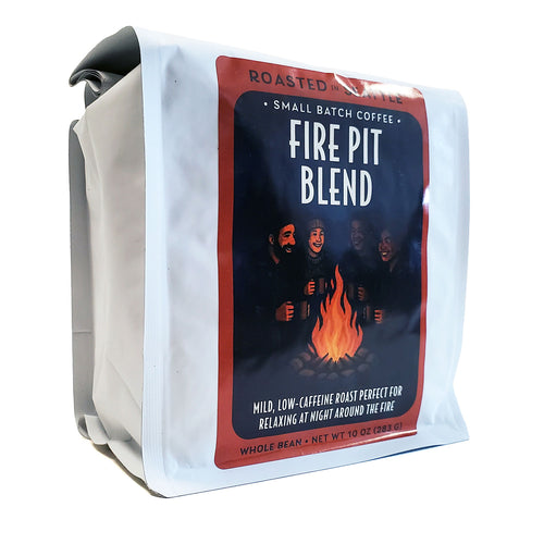 Coffee bag labeled 'Fire Pit Blend' with a design of people around a fire on a white background. | Roasted In Seattle Coffee | Made In Washington | Low Caffeine For Coffee Drinkers