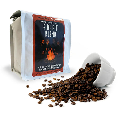 Coffee bag labeled 'Fire Pit Blend' with a design of people around a fire on a white background. | Roasted In Seattle Coffee | Made In Washington | Low Caffeine For Coffee Drinkers