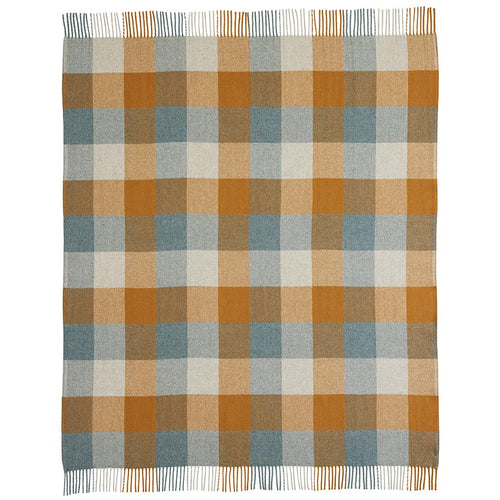 Folded plaid blanket with brown, beige, and blue colors on a white background | Pendleton Eco Wise Washable Throw Shale Copper | Made In Washington