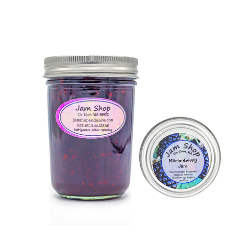 Jar of Marionberry Jam with a visible label on a white background | The Jam Shop In Cle Elum | marionberry Jam | Made In Washington | Local Breakfast Gifts