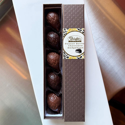 Box of chocolate-covered hedgehogs with Bright's Candies brand label on a white surface. | Bright's Candies Chocolate Peanut Butter Hedgehogs | Made In Washington | Chocolate Box Gifts