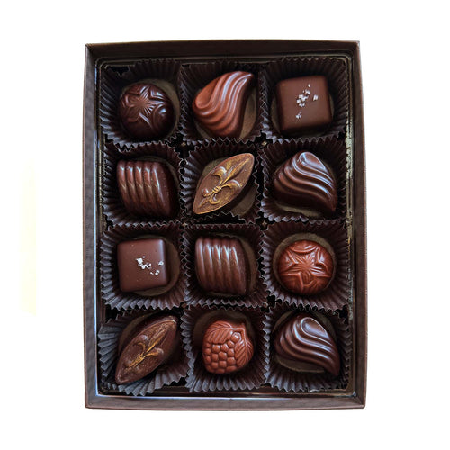 Box of Bright's Candies Chocolates with a decorative bow on a white background | Bright's Candies Specialty Truffle Chocolate Box | Made In Washington | Walla Walla Chocolates Gifts | Shop Local