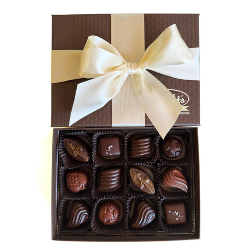 Box of Bright's Candies Chocolates with a decorative bow on a white background | Bright's Candies Specialty Truffle Chocolate Box | Made In Washington | Walla Walla Chocolates Gifts | Shop Local