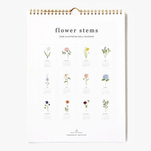 2026 illustrated wall calendar with a white flower design on a white background Emily Lex Studio 2026 Flower Stems Wall Calendar | Made In Washington