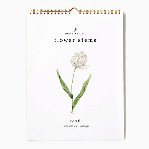 2026 illustrated wall calendar with a white flower design on a white background Emily Lex Studio 2026 Flower Stems Wall Calendar | Made In Washington