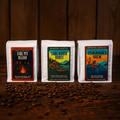 Three coffee packages with different roasts on a white background | Roasted In Seattle | Made In Washington | Gifts For Coffee Lovers
