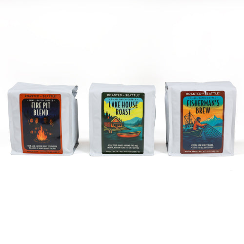Three coffee packages with different roasts on a white background | Roasted In Seattle | Made In Washington | Gifts For Coffee Lovers