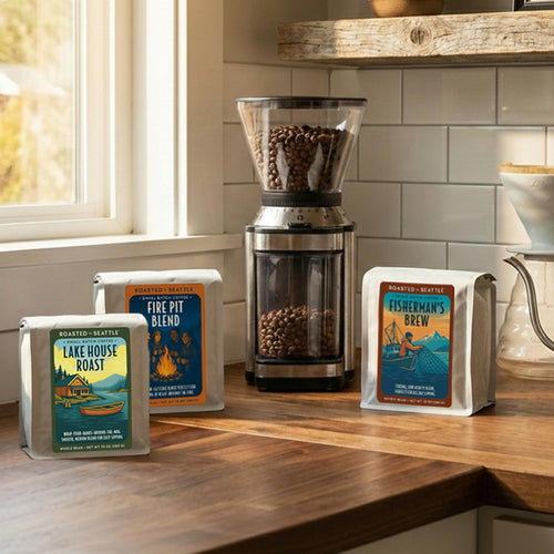 Three coffee packages with different roasts on a white background | Roasted In Seattle | Made In Washington | Gifts For Coffee Lovers