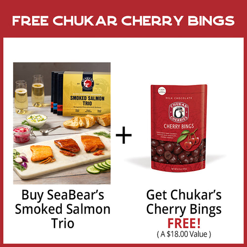 Promotional offer for FREE Chukar Cherry Bings when you buy SeaBear Smoked Salmon Trio packaging. | Made In Washington | Christmas Holiday Special