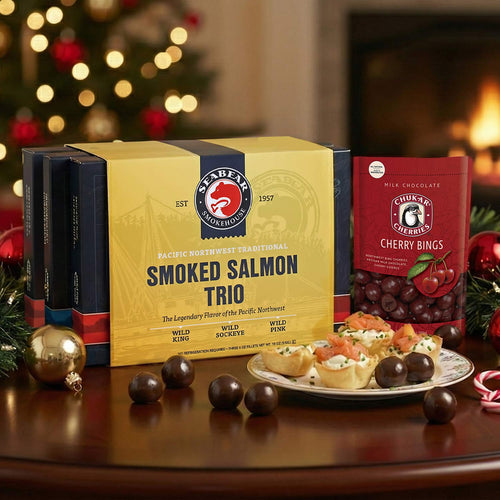 Promotional offer for FREE Chukar Cherry Bings when you buy SeaBear Smoked Salmon Trio packaging. | Made In Washington | Christmas Holiday Special