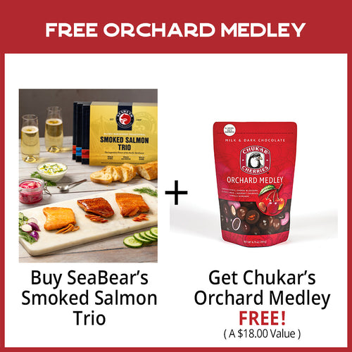 Promotional offer for Chukar's Orchard Medley with SeaBear's Smoked Salmon Trio packaging. | Made In Washington | Christmas Holiday Specials