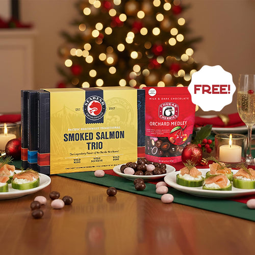 Promotional offer for Chukar's Orchard Medley with SeaBear's Smoked Salmon Trio packaging. | Made In Washington | Christmas Holiday Specials