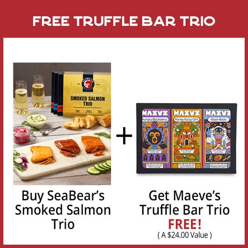 Promotional offer for SeaBear's Smoked Salmon Trio with free Maeve's Truffle Bar Trio | Made In Washington | Buy Local
