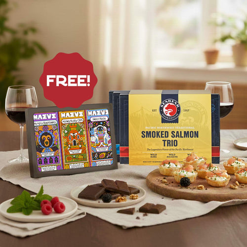 Promotional offer for SeaBear's Smoked Salmon Trio with free Maeve's Truffle Bar Trio | Made In Washington | Buy Local