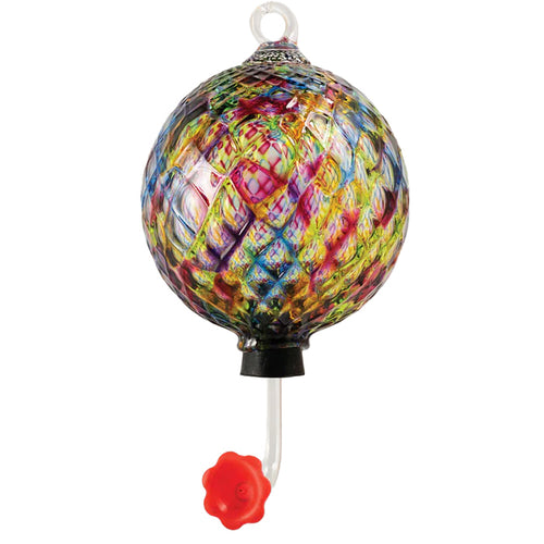Colorful blown glass hummingbird feeder with a red flower-shaped feeding tube on a white background | Artisan Made By Glass Eye Studio | Made In Washington Gift stores