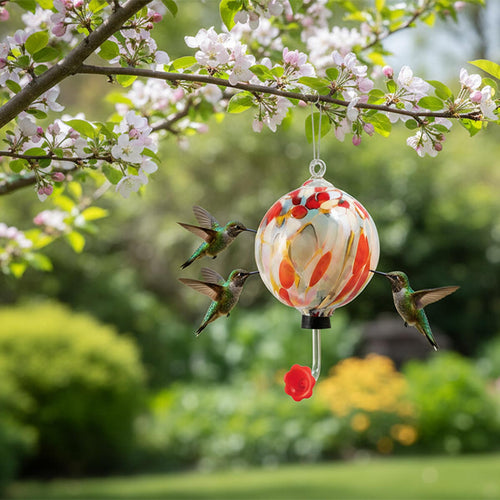 Colorful glass hummingbird feeder on a white background | Glass Eye Studios | Made In Washington Gift Shops | Gifts for Birders | Handcrafted  Valentine Gifts | Outdoor Gifts