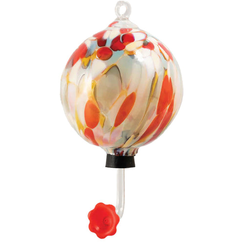 Colorful glass hummingbird feeder on a white background | Glass Eye Studios | Made In Washington Gift Shops | Gifts for Birders | Handcrafted  Valentine Gifts | Outdoor Gifts