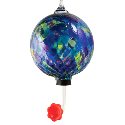 Colorful glass hummingbird feeder with a red base on a white background | Glass Eye Studio | Made In Washington Gift Stores