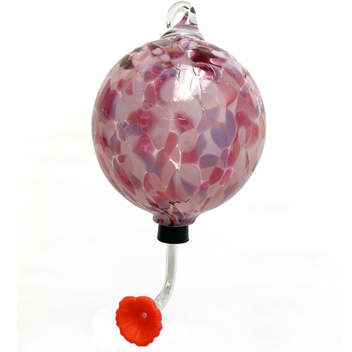 Decorative blown glass hummingbird feeder with pink and purple mosaic design on a white background | Glass Eye Studio | Buy Locally Made Hummingbird Feeders at Made In Washington Gift Stores
