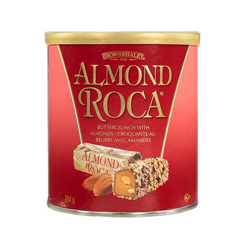 Red cannister of Brown & Haley Almond Roca with gold lid on a white background | Made in Washington | Iconic Gifts From Washington State