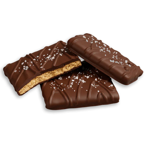 Chocolate-covered graham crackers  with sea salt on a white background | Shop for locally made treats at Made In Washington Gift Stores