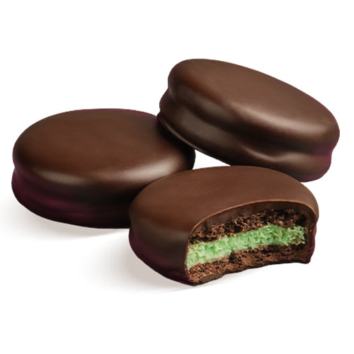 Chocolate-covered cookies with a mint green filling on a white background | Buy Puyallup Chocolates at Made In Washington